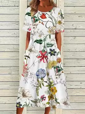 White Floral Pocket Shift Midi Dress for Women