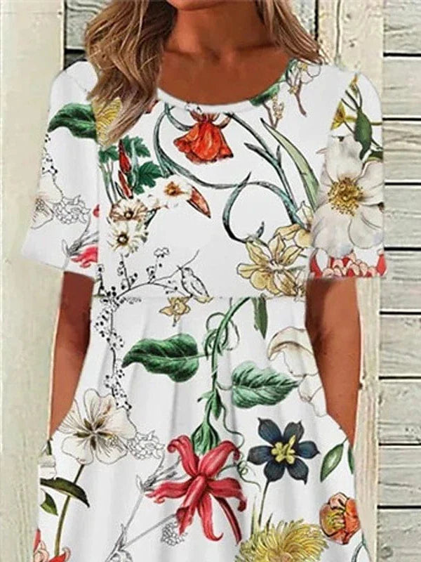 White Floral Pocket Shift Midi Dress for Women