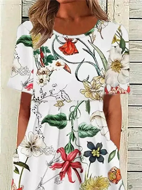 White Floral Pocket Shift Midi Dress Women