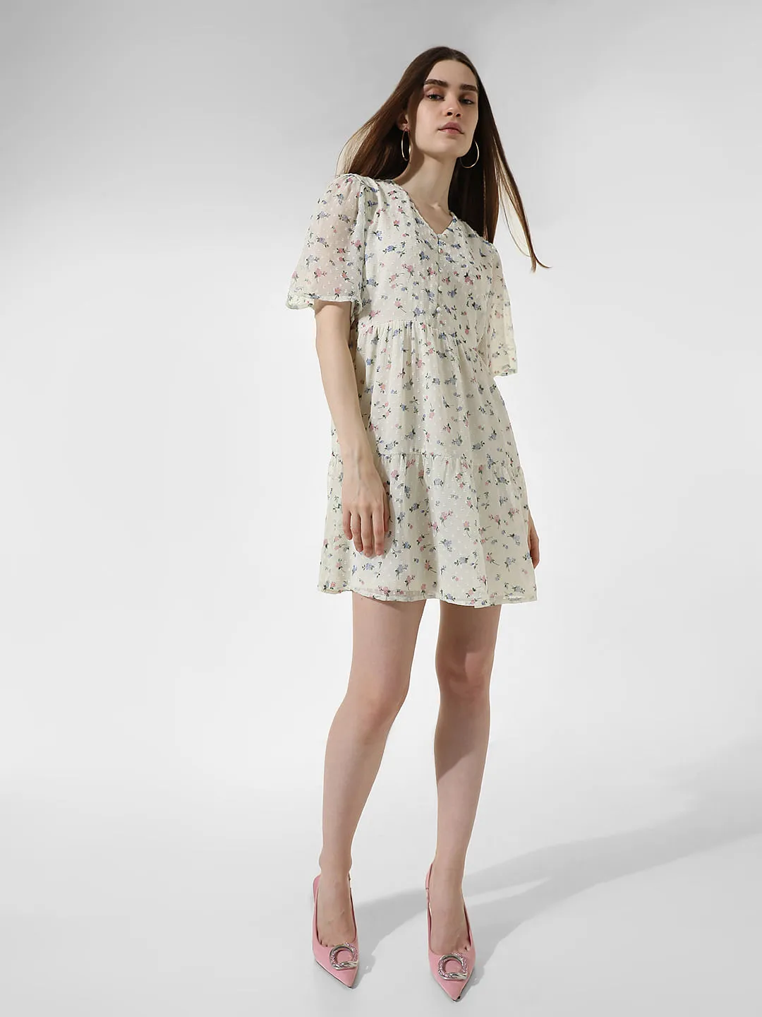 White Floral Textured Dress for Women