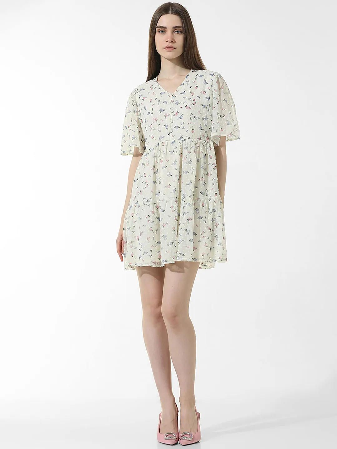 White Floral Textured Dress for Women