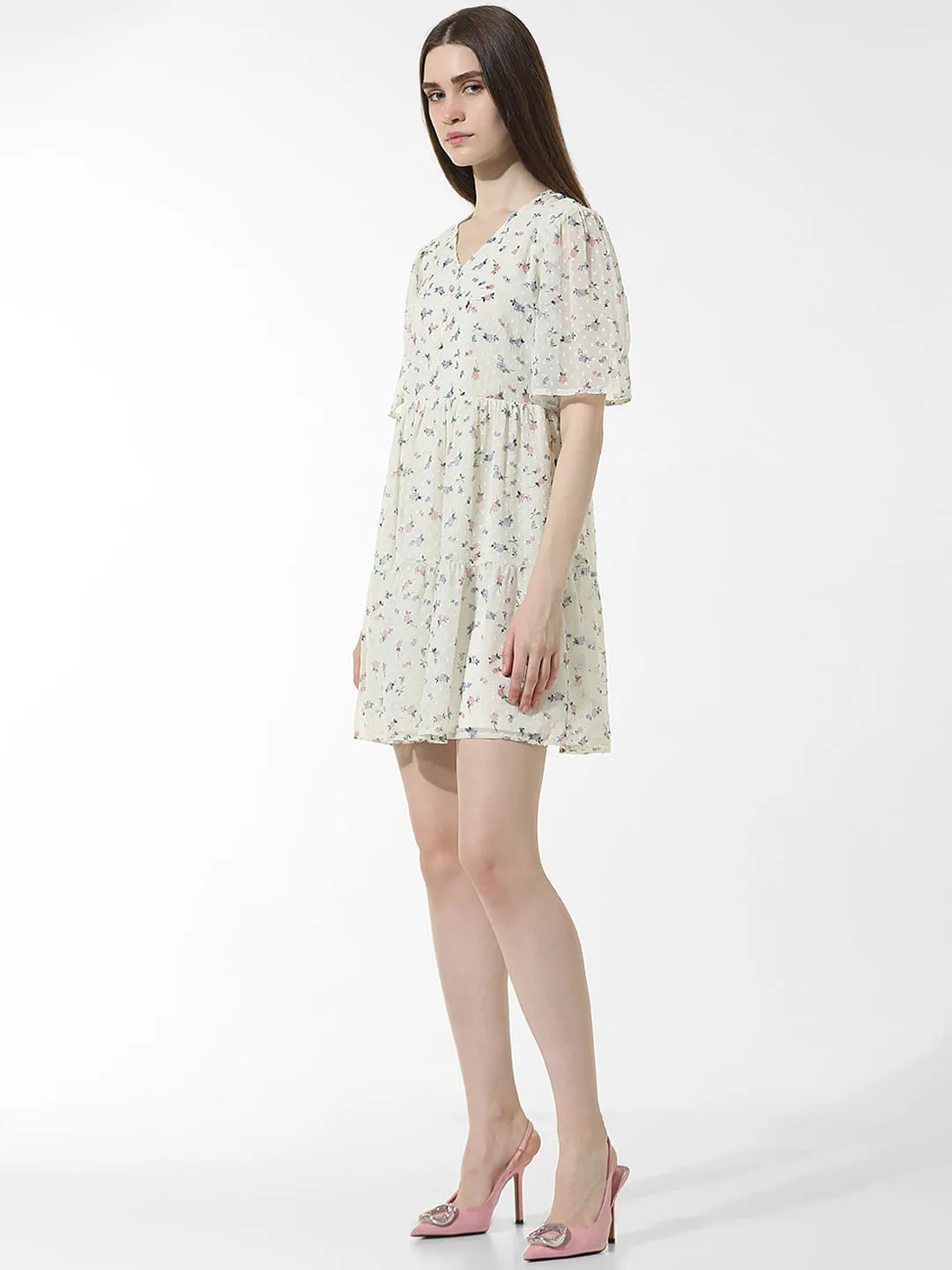 White Floral Textured Dress for Women