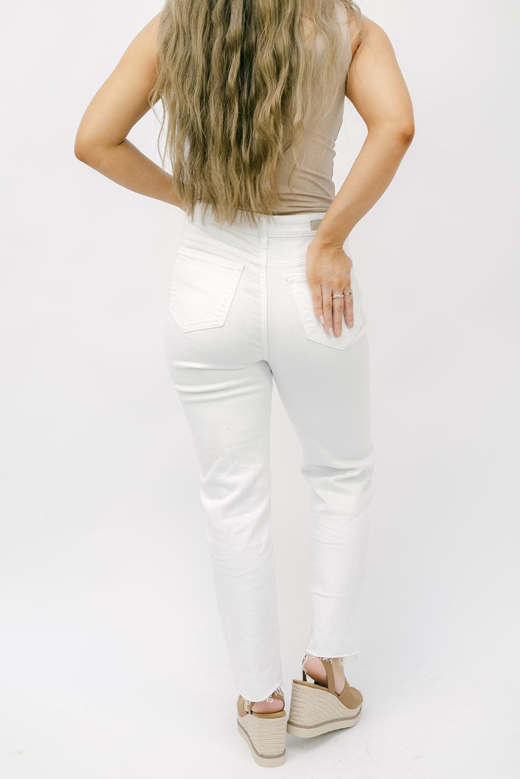 White high rise straight jeans.