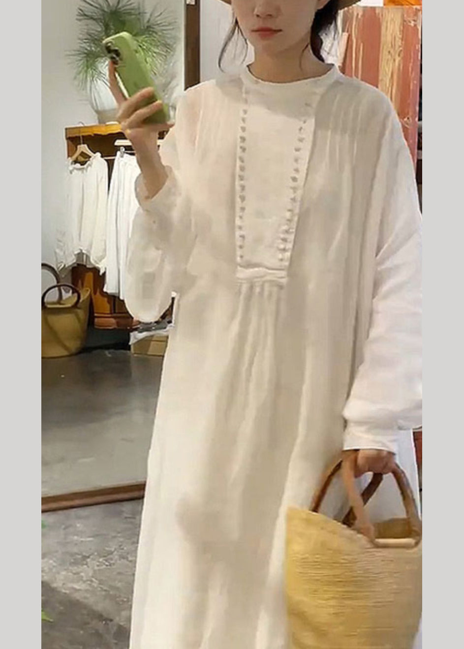 White Long Cotton Dress Spring AS1003 - Solid Color O-Neck