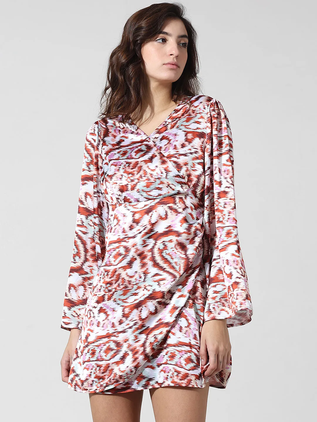 White Printed Wrap Satin Dress for Women