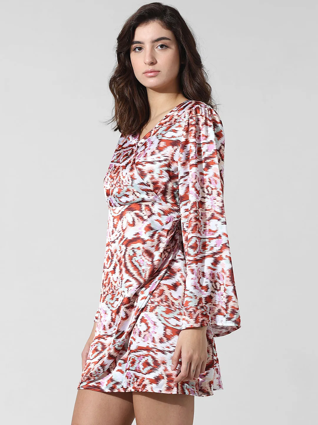 White Printed Wrap Satin Dress for Women