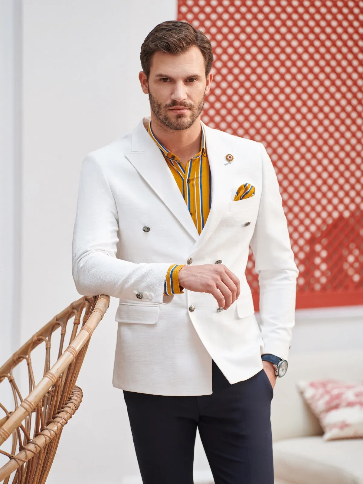 White Slim-Fit Double Breasted Blazer