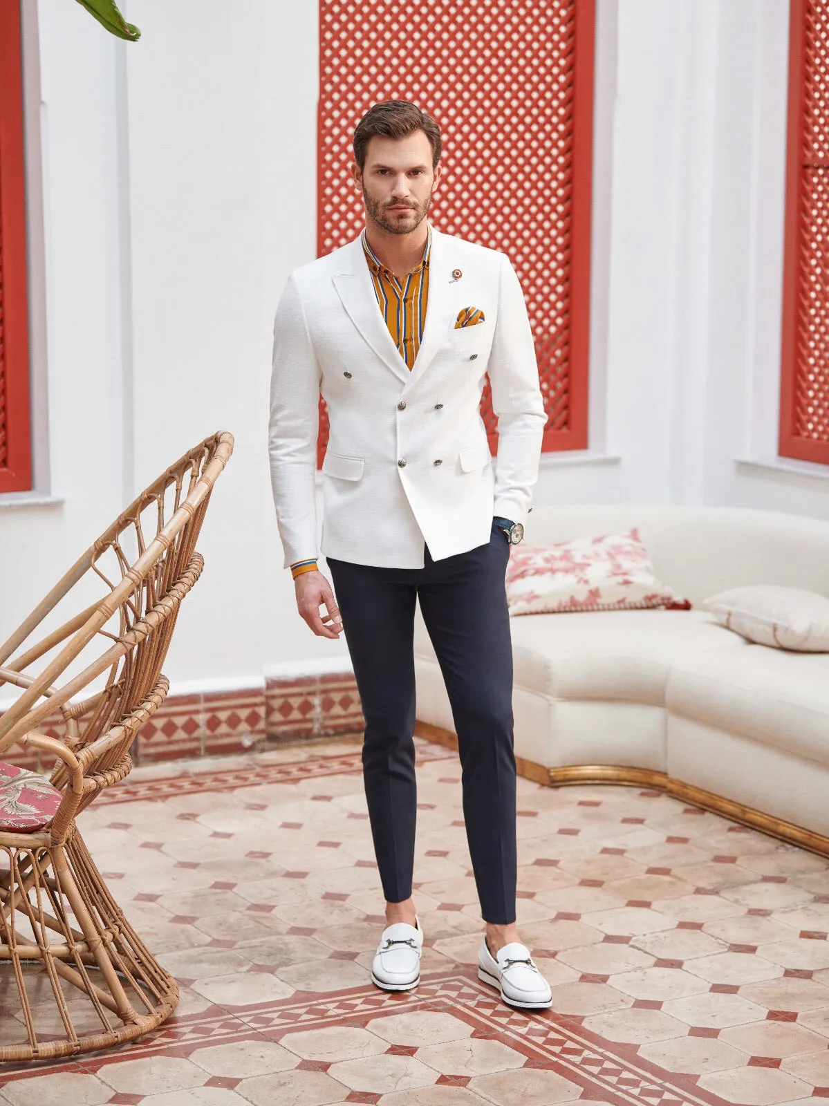 White Slim-Fit Double Breasted Blazer