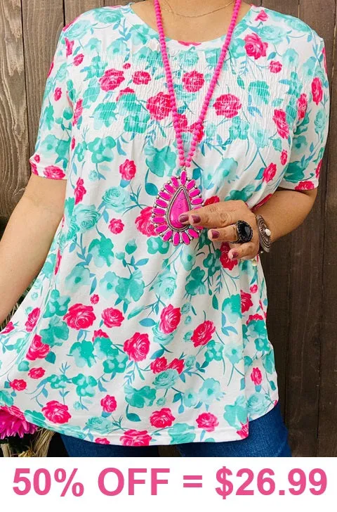 White Smocked Top with Turquoise & Pink Flowers - Buy now!