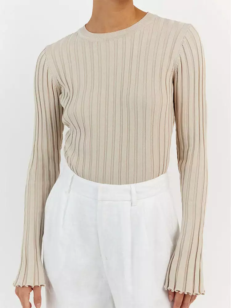 White Women's Knitted Sweater Tops - O Neck Long Sleeve Striped Sweaters