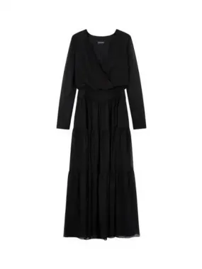 Black Women's Overlap Neck Long Tiered Dress 270788