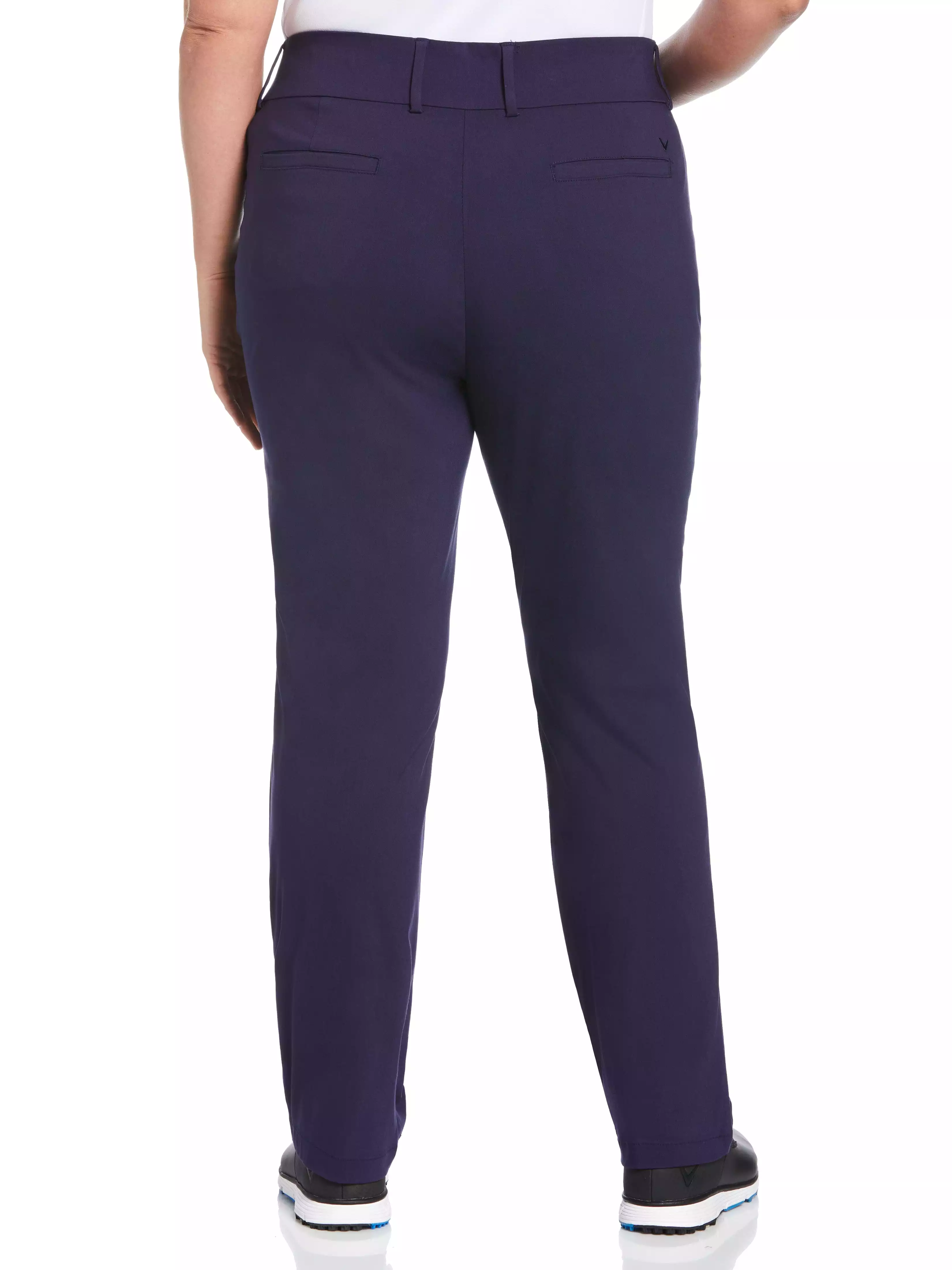 womens plus size golf pants with pull-on waistband, stretch tech fabric, and flat front