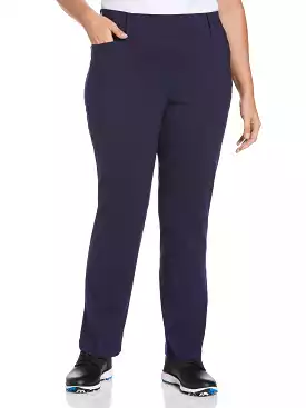 womens plus size golf pants with pull-on waistband, stretch tech fabric, and flat front