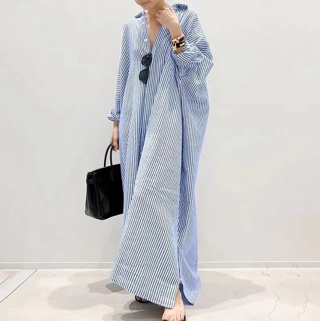 Women's Striped Kaftan Dress - Long Sleeve Button Down Loose Fit - 100% Cotton - Maxi Style