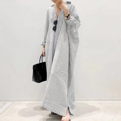 Women's Striped Kaftan Dress - Long Sleeve Button Down Loose Fit - 100% Cotton - Maxi Style