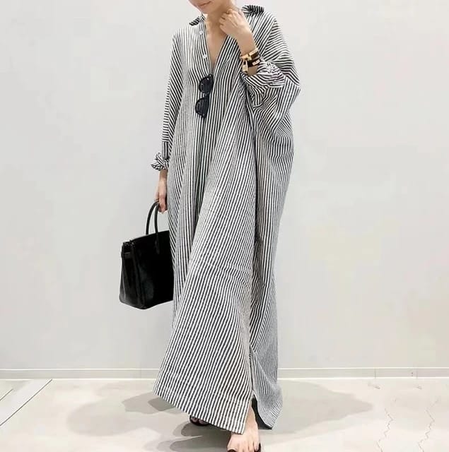 Women's Striped Kaftan Dress - Long Sleeve Button Down Loose Fit - 100% Cotton - Maxi Style