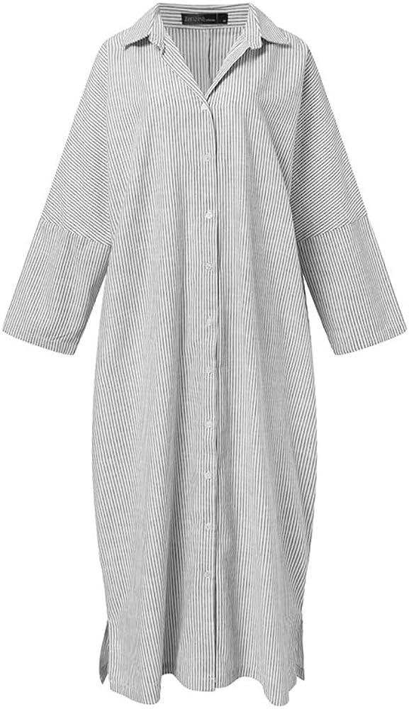 Women's Striped Kaftan Dress - Long Sleeve Button Down Loose Fit - 100% Cotton - Maxi Style