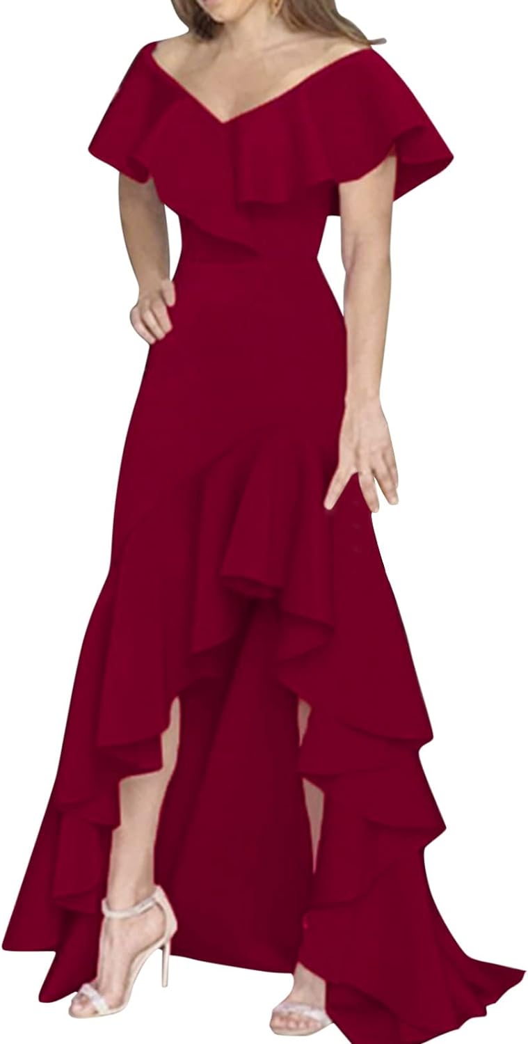 Women's V-Neck Party Dress with Flowy Ruffle Hem, Irregular Long Length - B-60417, Size 2XL