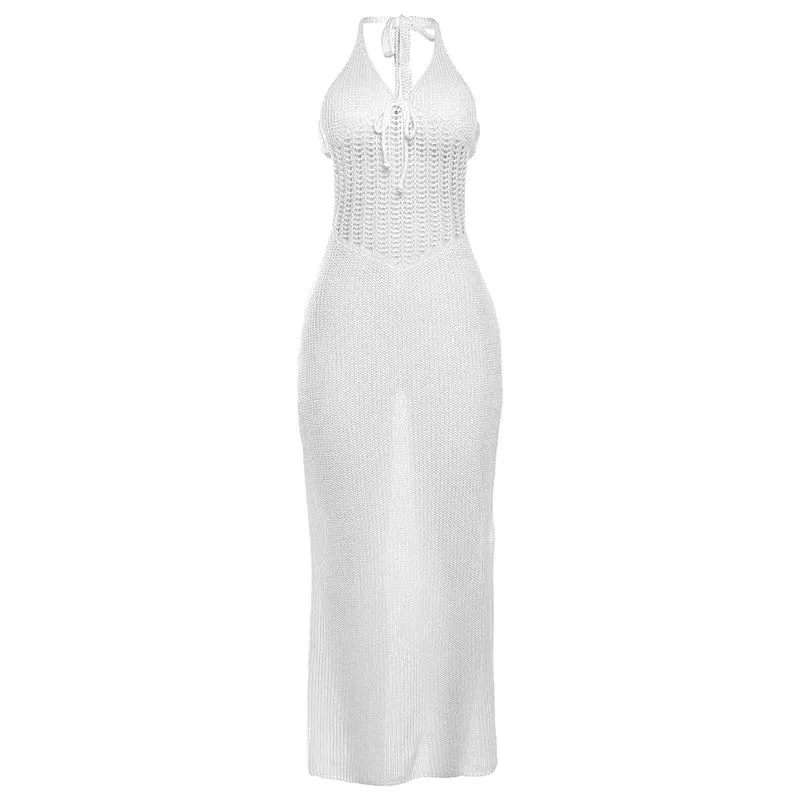 Women's White Hollow Knit Backless Crochet Beach Party Maxi Dress