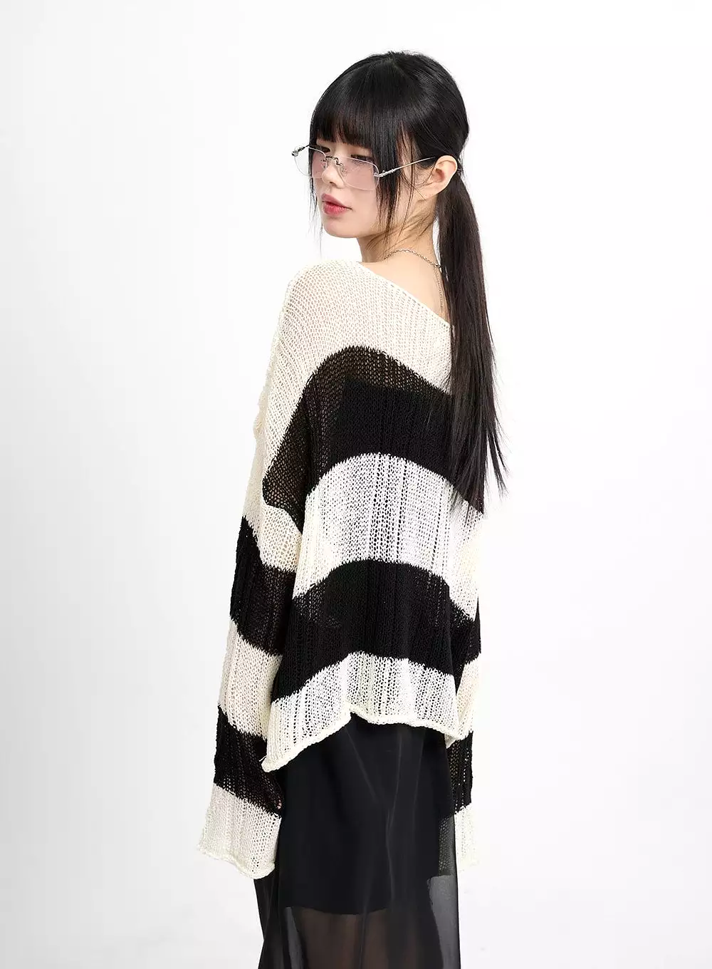 Wool Blend Striped Knit Sweater | Hollow Out | CM415