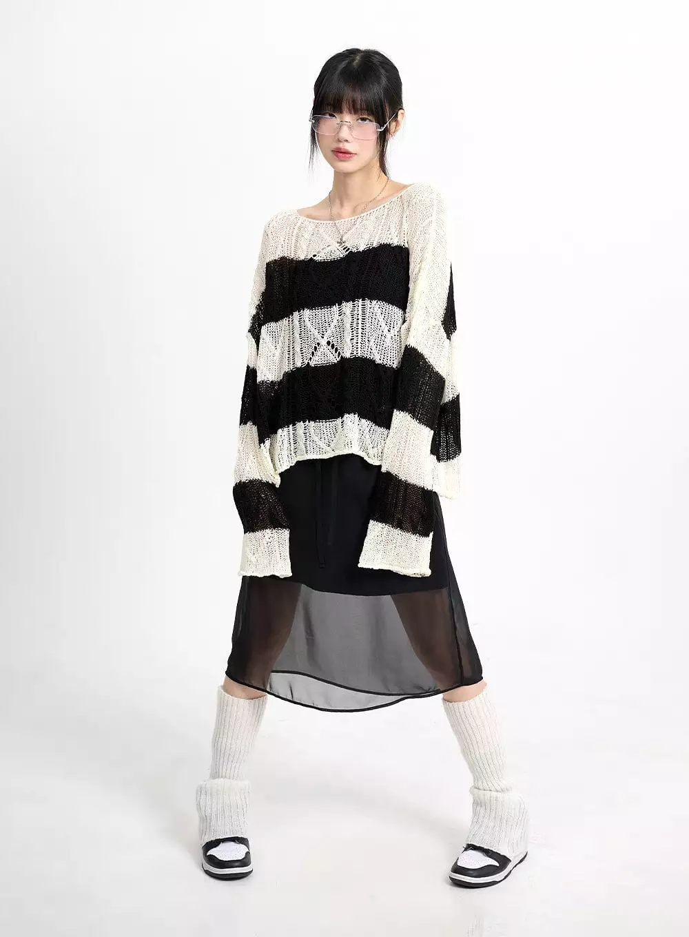 Wool Blend Striped Knit Sweater | Hollow Out | CM415