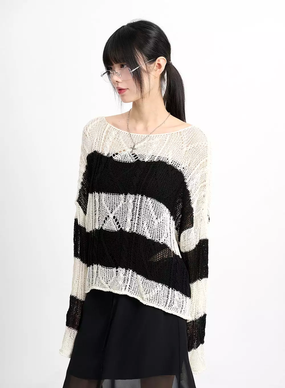 Wool Blend Striped Knit Sweater | Hollow Out | CM415