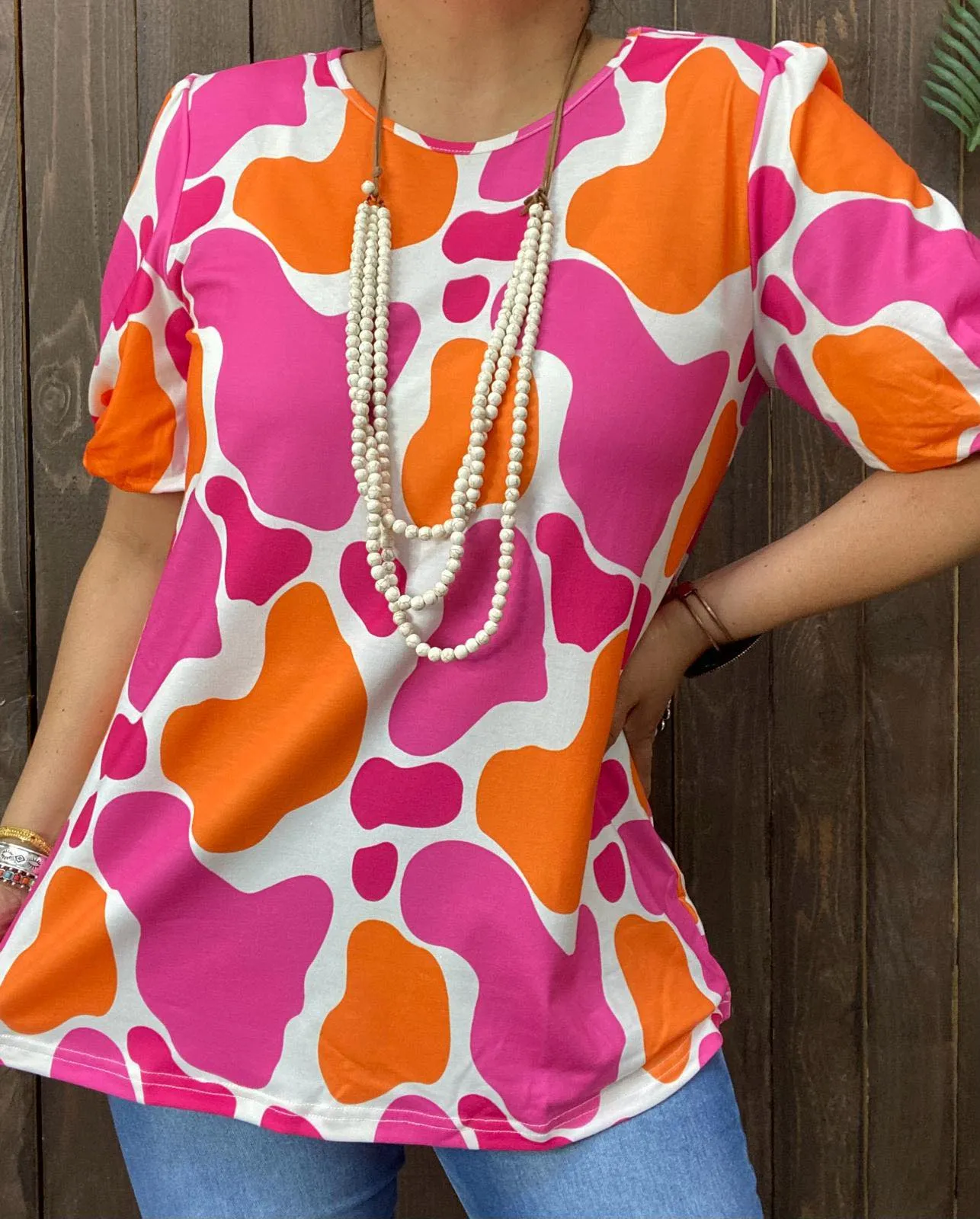 XL, 2X, 3X Pink and Orange cow print blouse