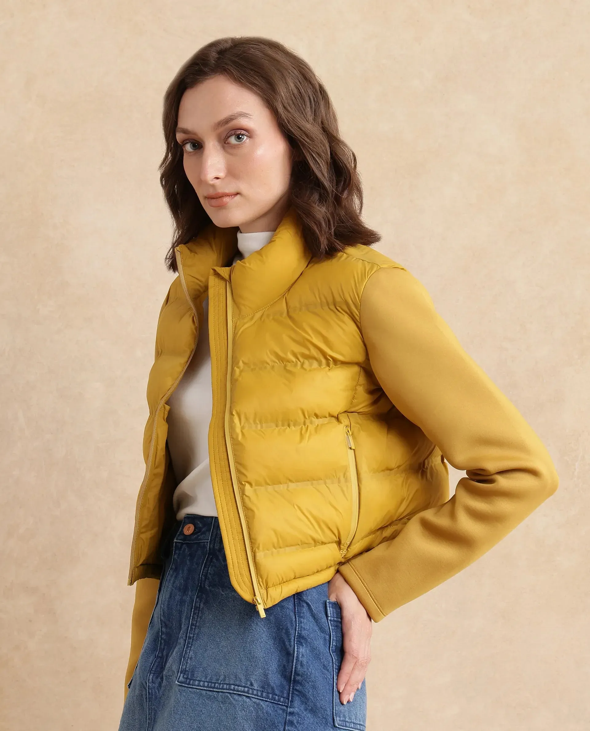 Yellow Zarcro Women Stand Collar Zipper Jacket