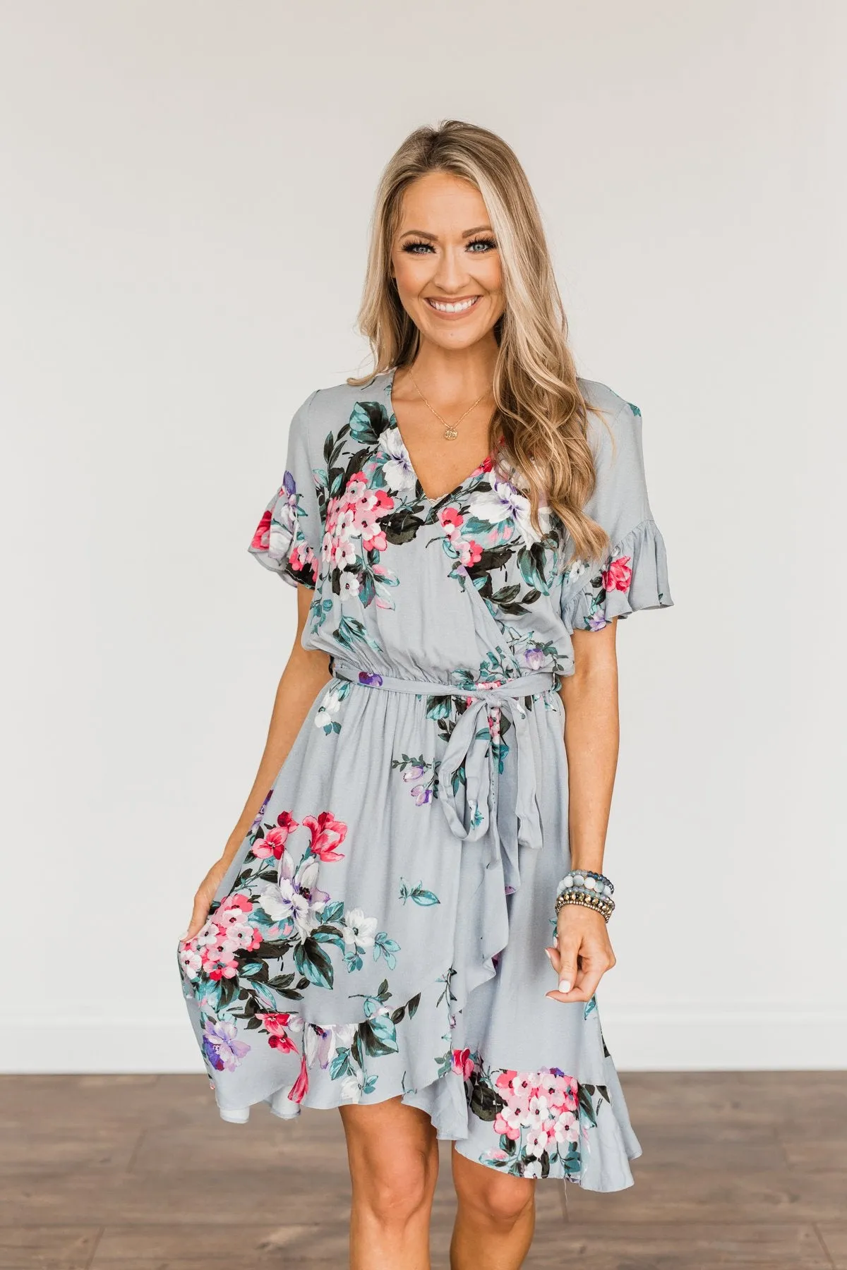 Floral Wrap Dress in Grey - My Treasure