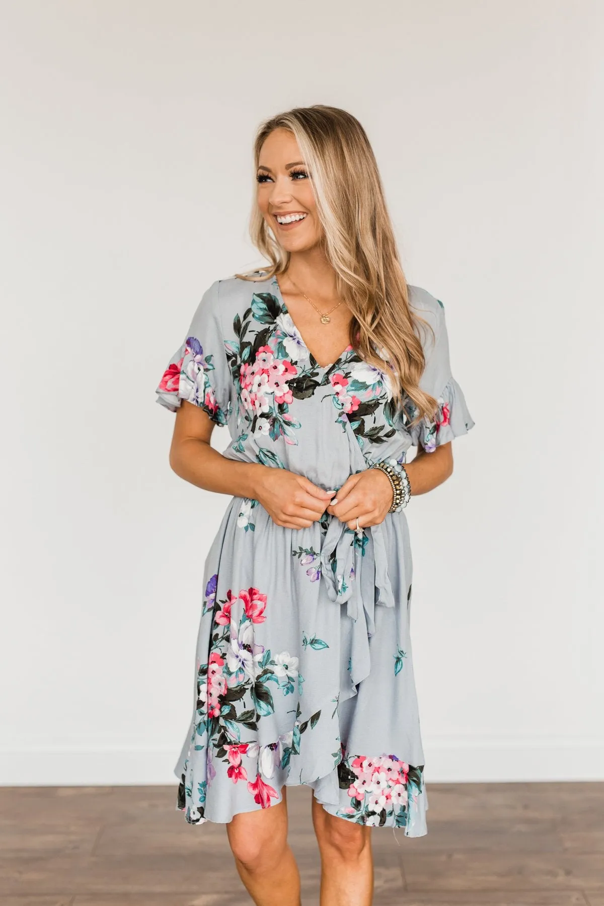 Floral Wrap Dress in Grey - My Treasure