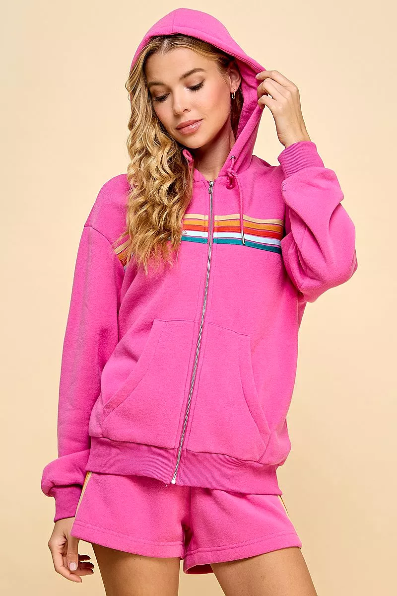 Zip Front Sweater Hoodie with Striped Front - Multi-Color Details