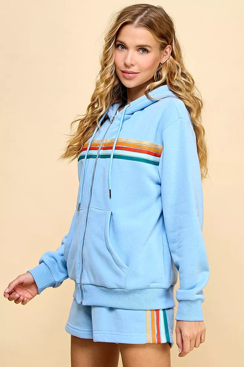 Zip Front Sweater Hoodie with Striped Front - Multi-Color Details