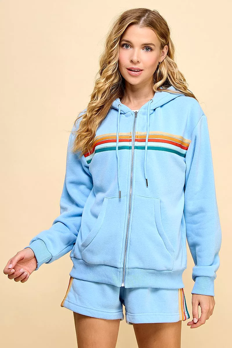 Zip Front Sweater Hoodie with Striped Front - Multi-Color Details