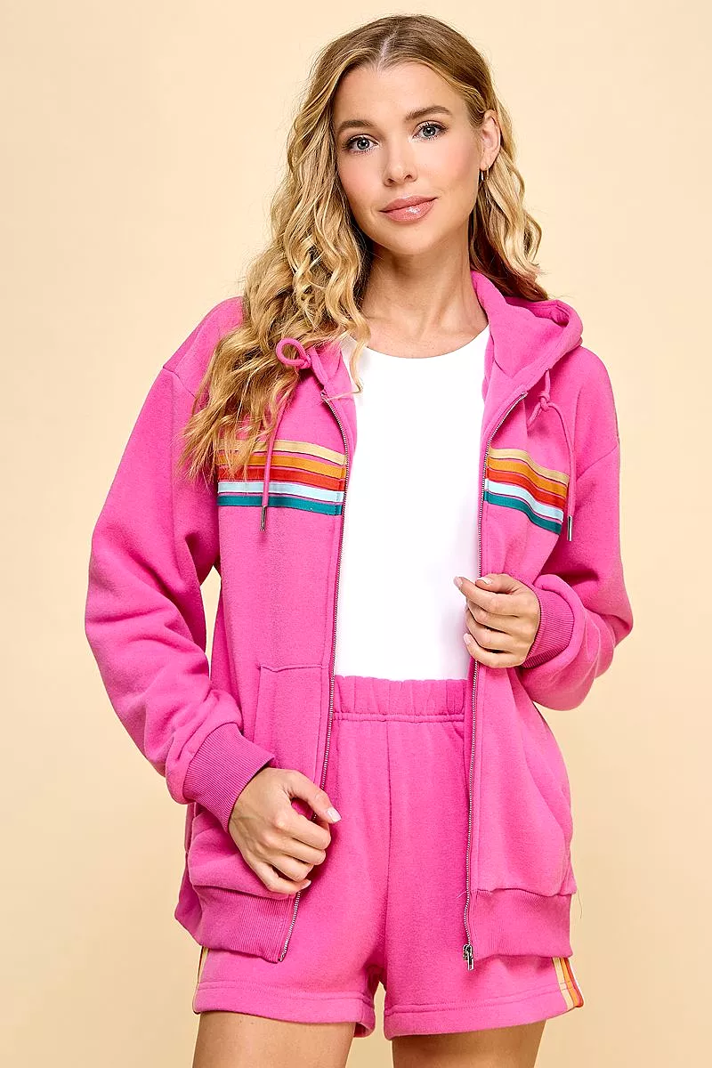 Zip Front Sweater Hoodie with Striped Front - Multi-Color Details