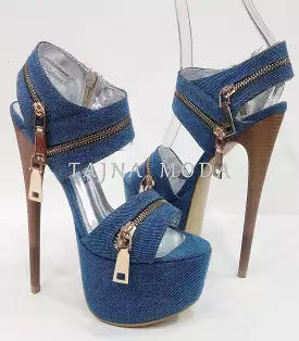 Zipper Detail Denim Platform Sandals